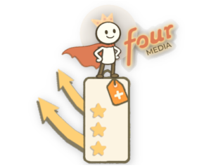 illustration af: Maxi-pakken og fourmedias mascot.
