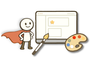 illustration af fourmedias mascot, som står ved siden af en hjemmeside, der bliver designet